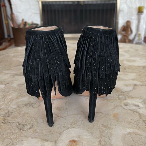 BCBG MAXAZRIA Raimi Bootie Black Suede Peep Toe Fringe High Heel Ankle Boots - Picture 6 of 11